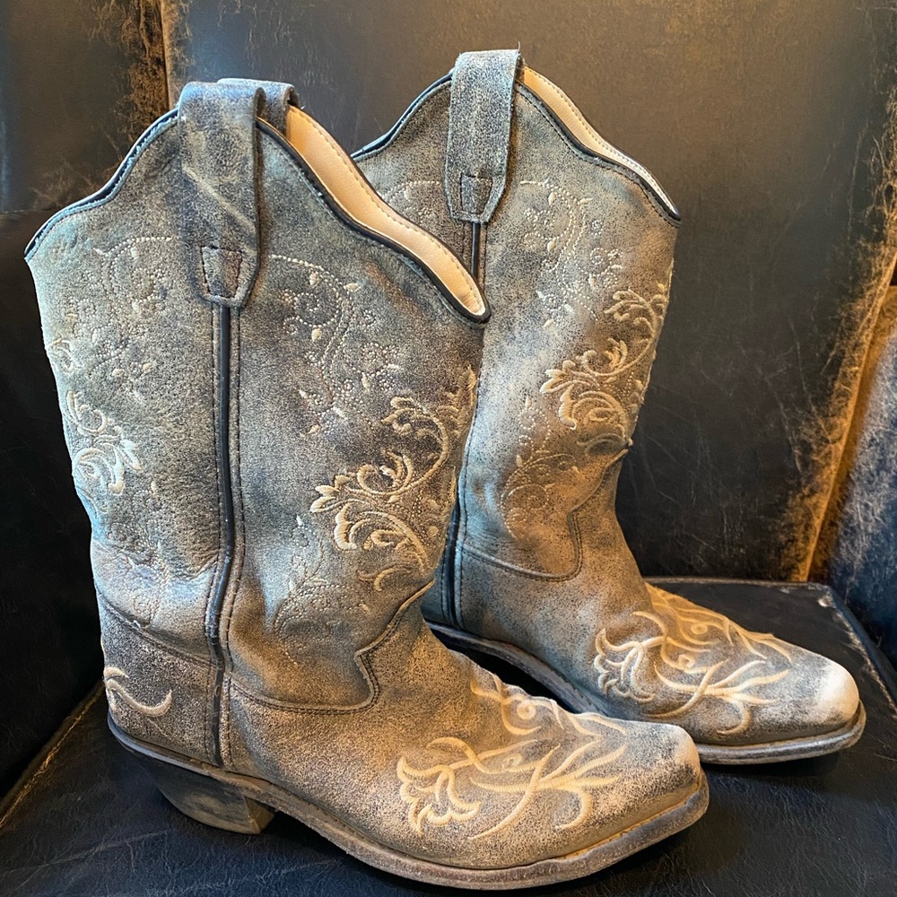 Old West Embroidered Leather Snip Toe Cowboy Boots Youth Size 4.5